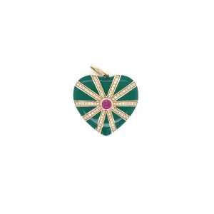 14K Yellow Gold Diamond   Ruby and Green Enamel Heart Pendant