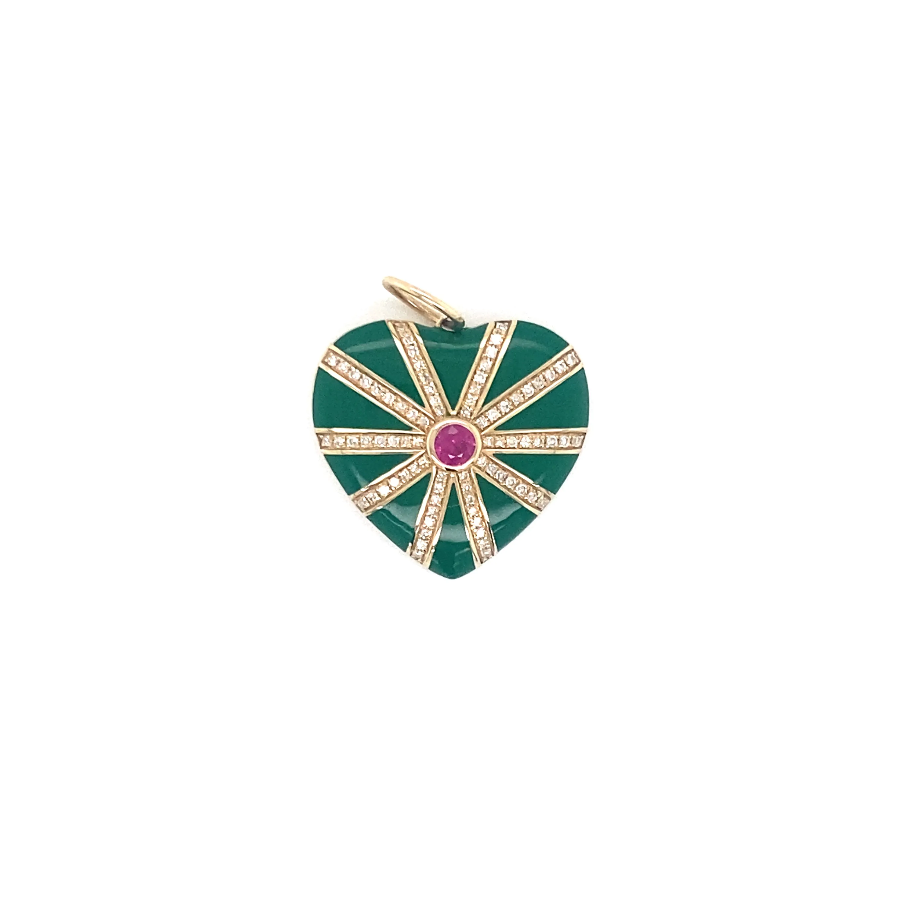 14K Yellow Gold Diamond   Ruby and Green Enamel Heart Pendant