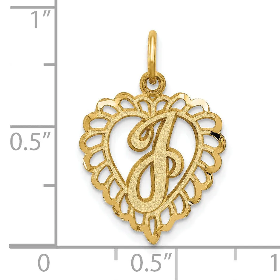 14k Yellow Gold Heart Shape Script Design Letter J Charm Pendant