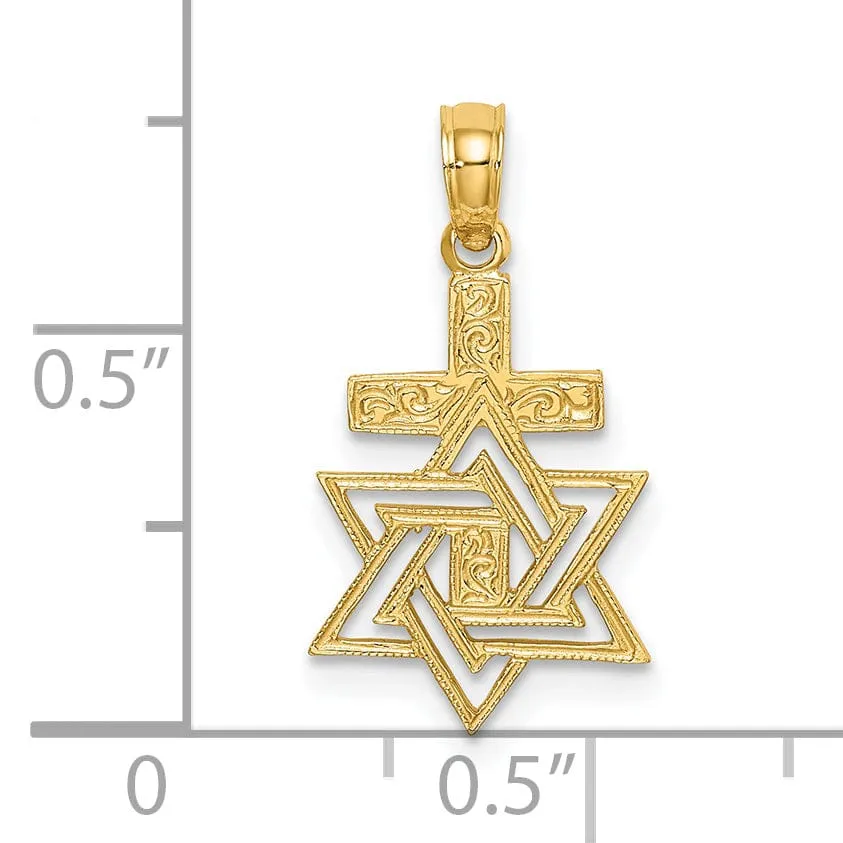 14K Yellow Gold Polish Texture Finish Star Of David and Cross Pendant