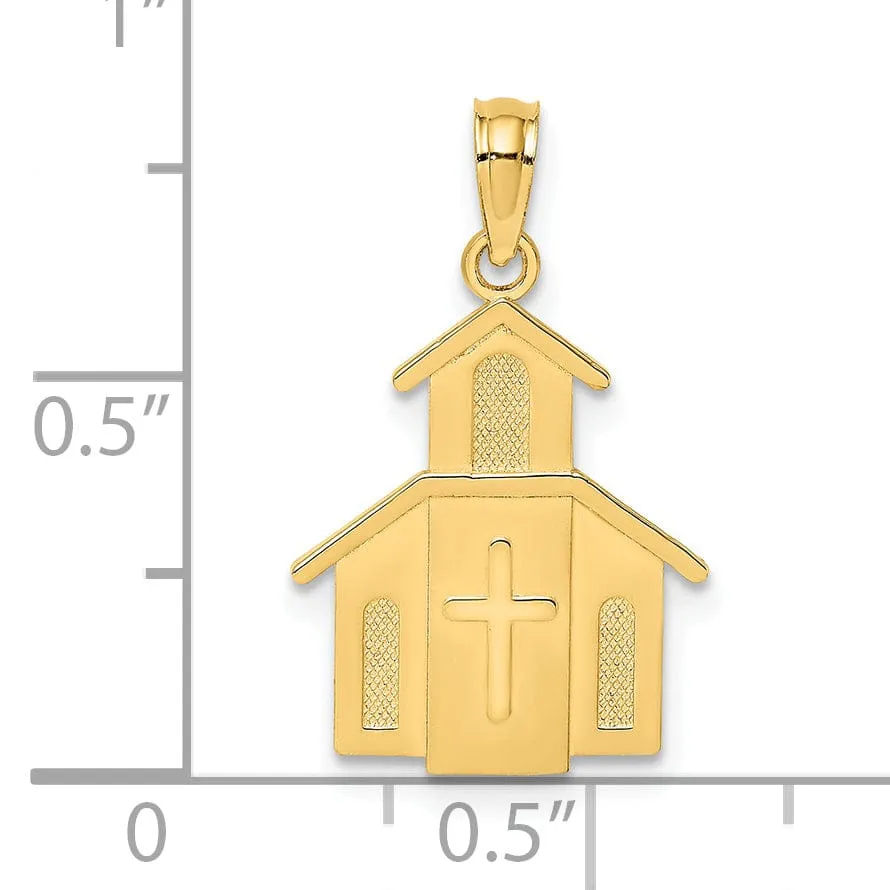 14K Yellow Gold Polished Church with Cross Design On Door Pendant