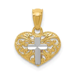 14k Yellow Gold Polished Finish Solid Concave Cross in Heart Pendant