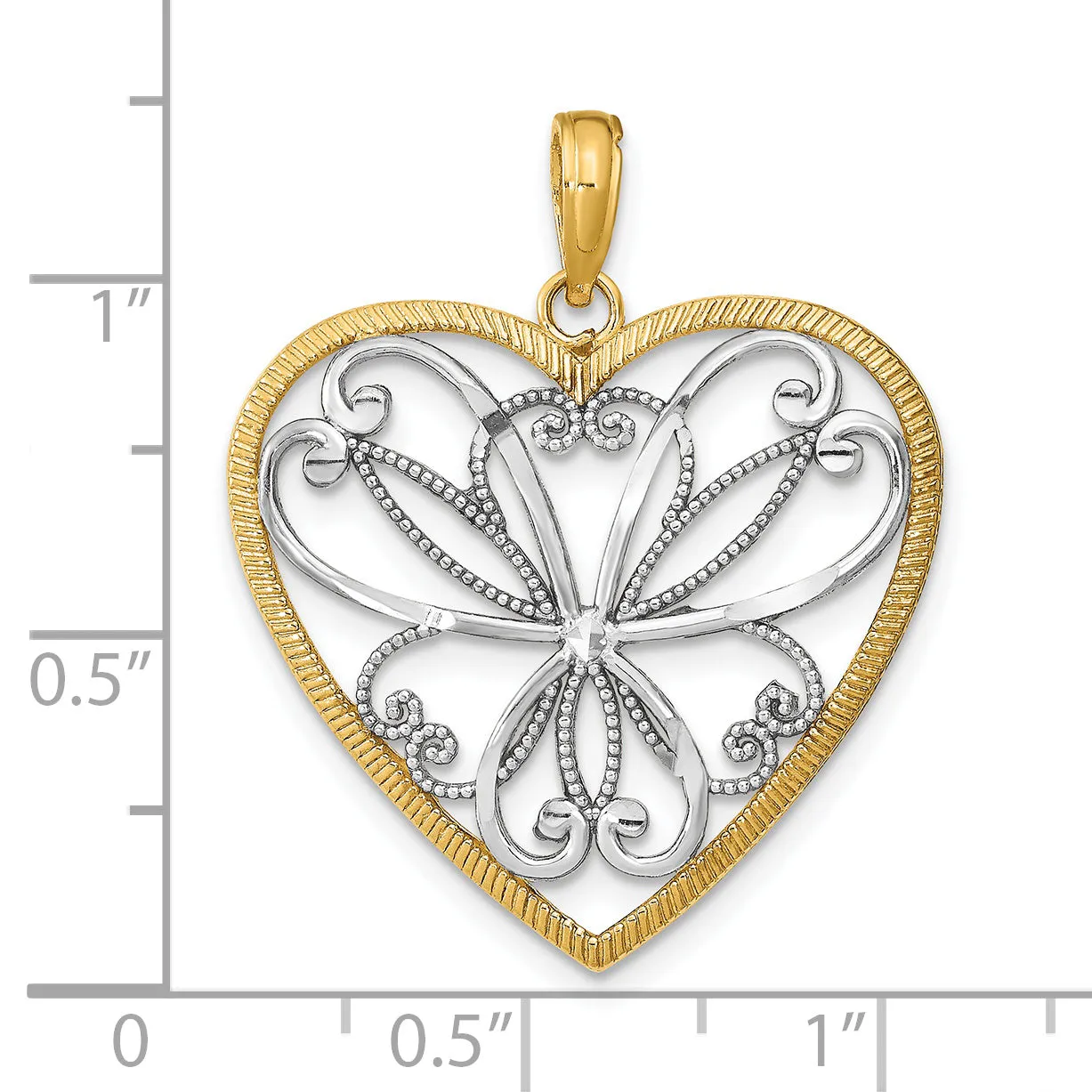 14k Yellow Gold w/Rhodium and Filigree Heart Pendant