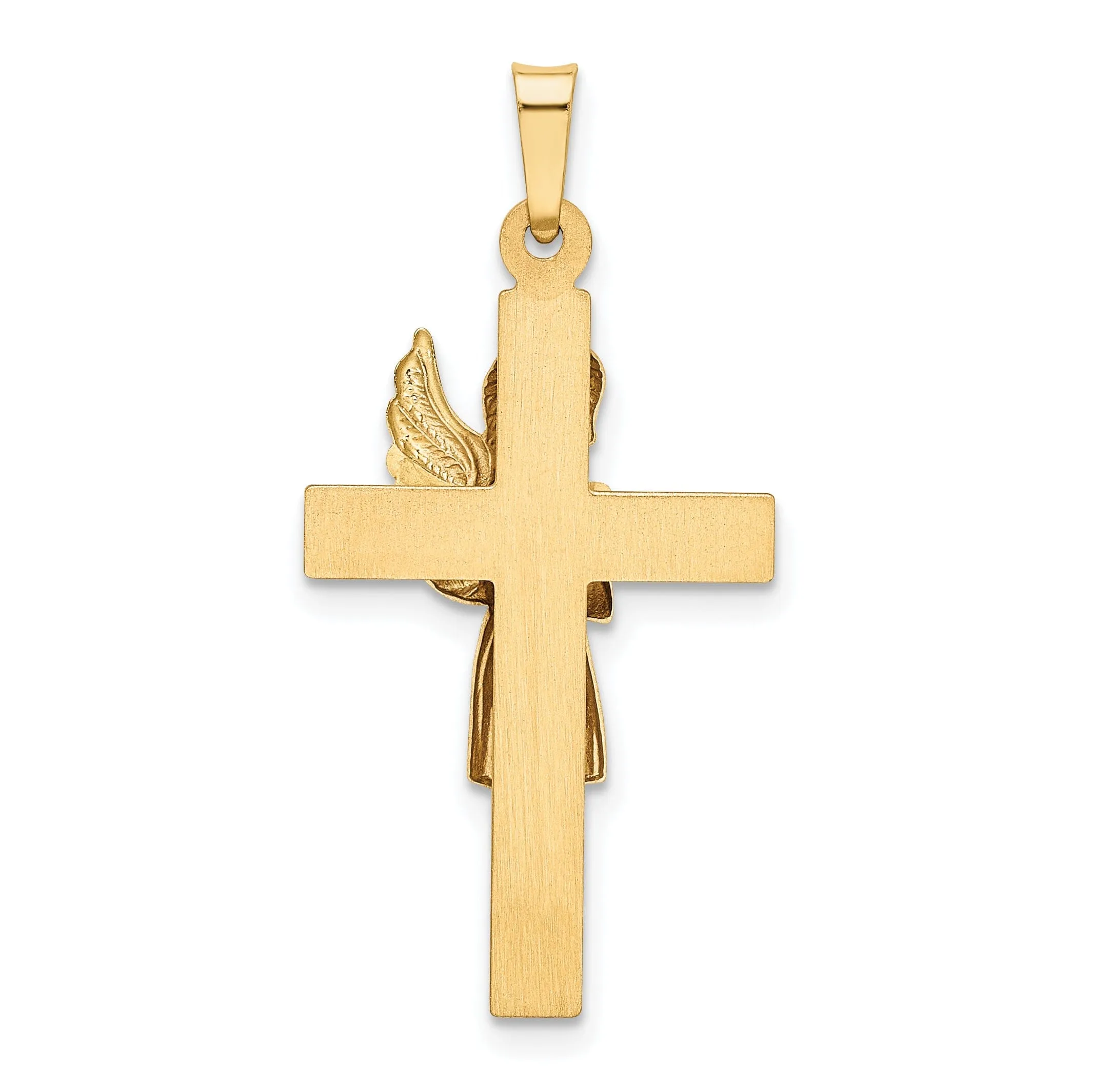 14K Yellow White Gold Polished Finish Hollow Angel on Cross Pendant