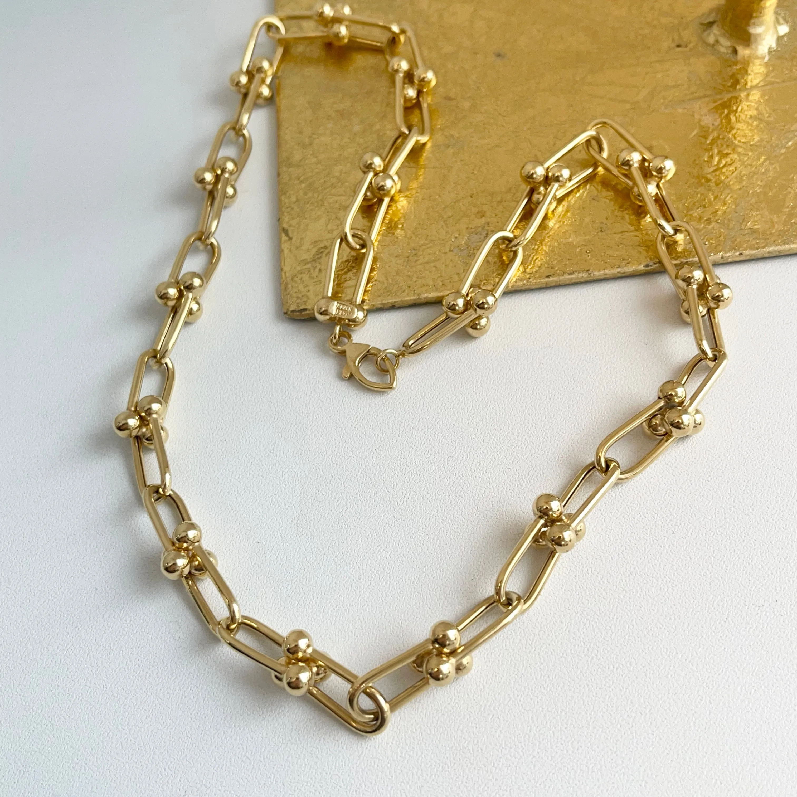 14KT Yellow Gold Ball Knot Hardware Rectangle Chain Necklace 20"