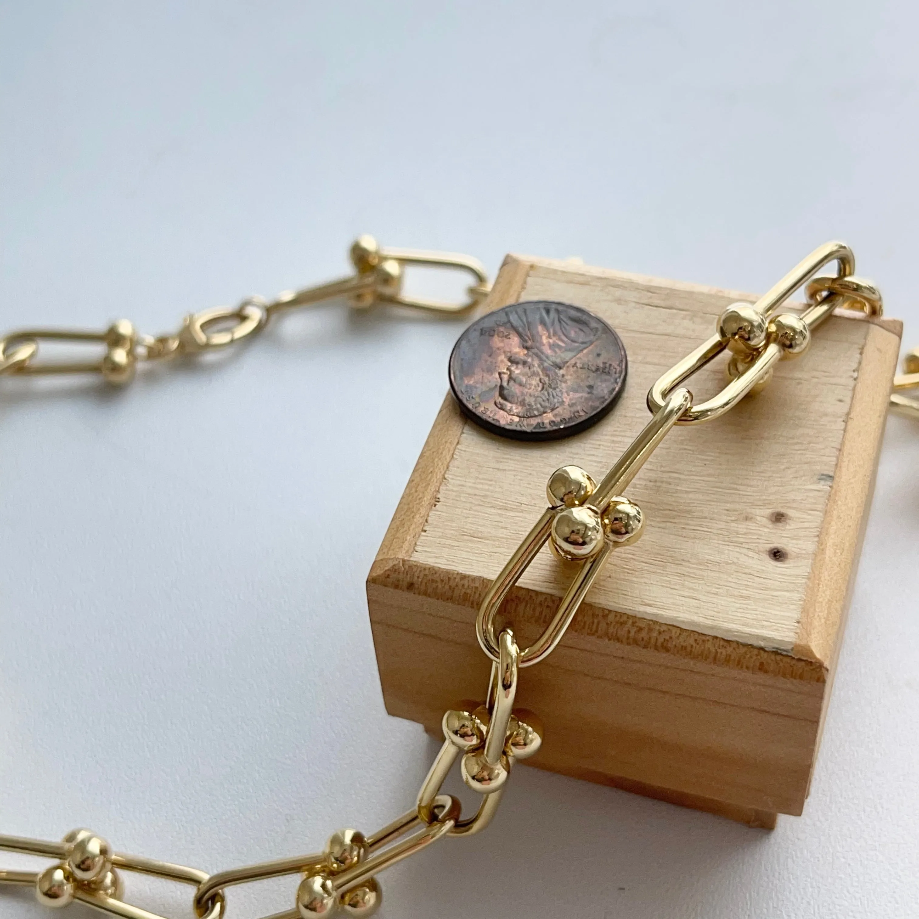 14KT Yellow Gold Ball Knot Hardware Rectangle Chain Necklace 20"