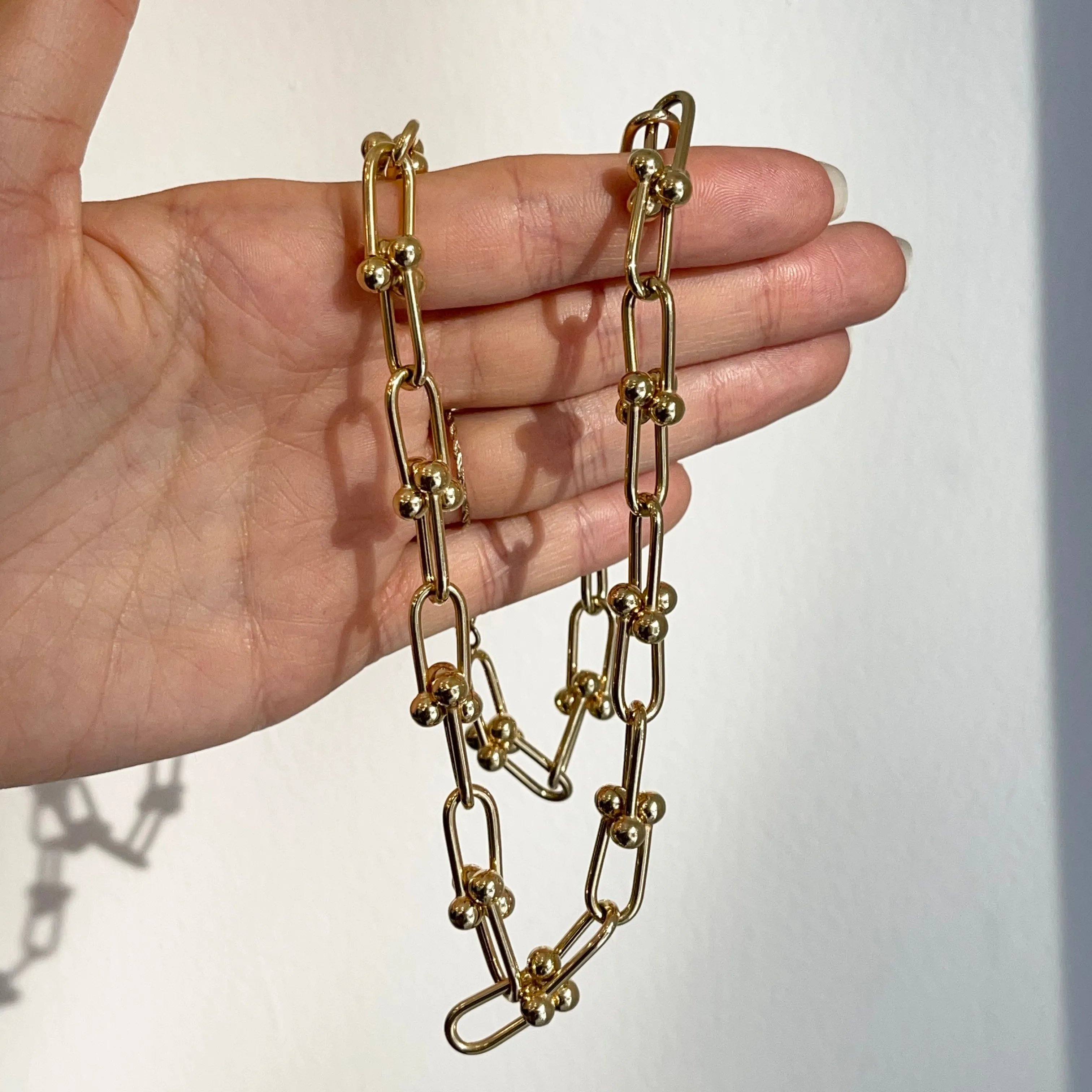 14KT Yellow Gold Ball Knot Hardware Rectangle Chain Necklace 20"