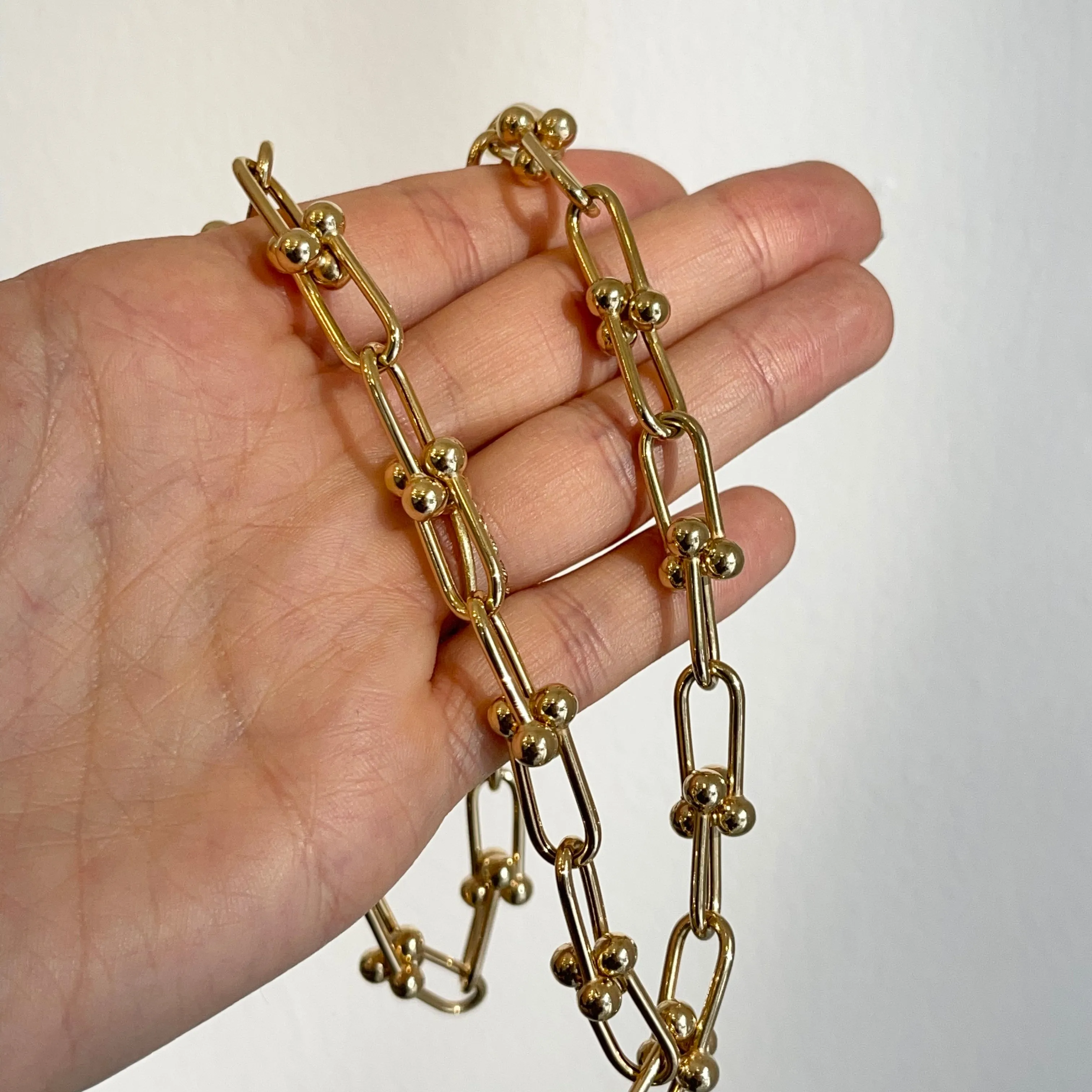 14KT Yellow Gold Ball Knot Hardware Rectangle Chain Necklace 20"
