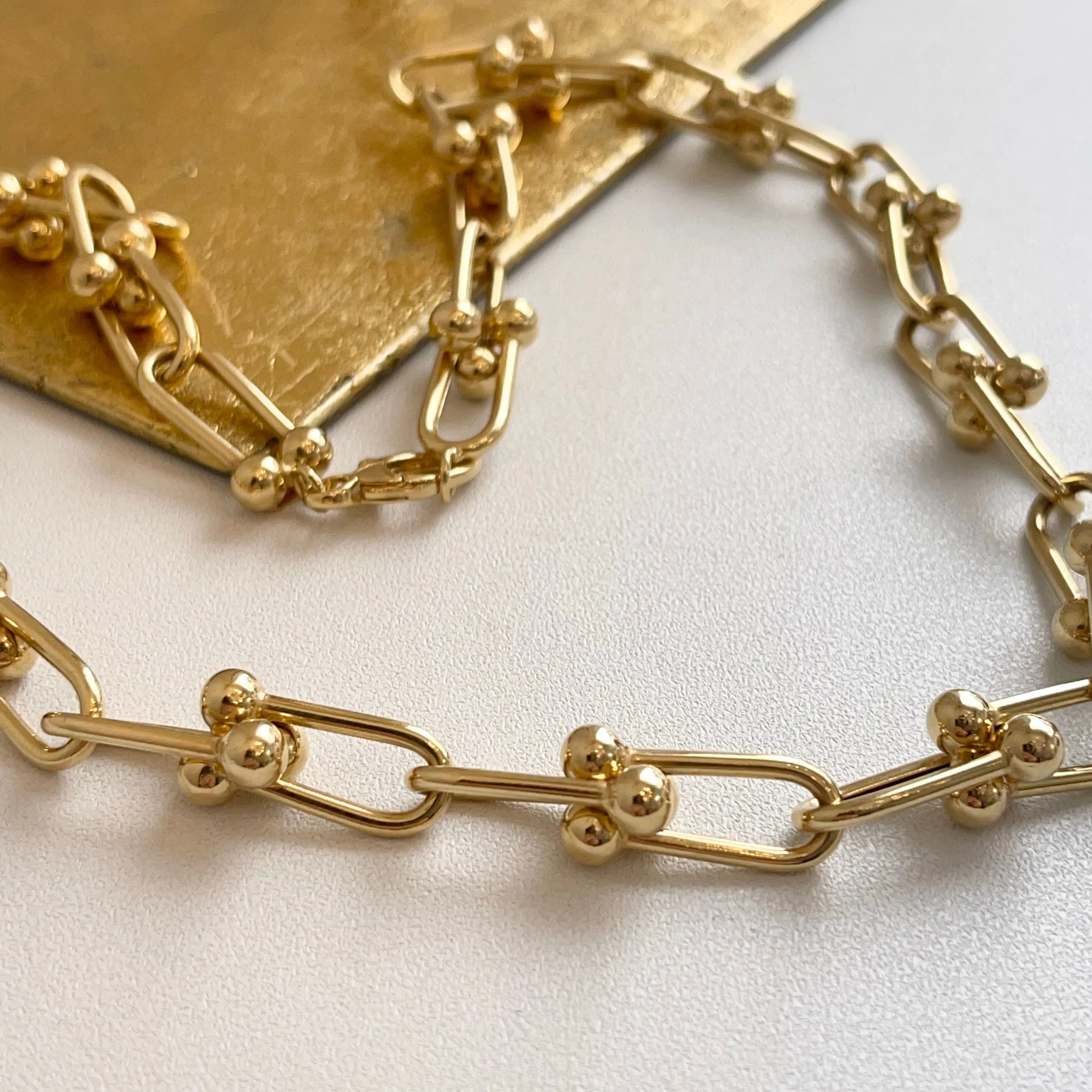 14KT Yellow Gold Ball Knot Hardware Rectangle Chain Necklace 20"
