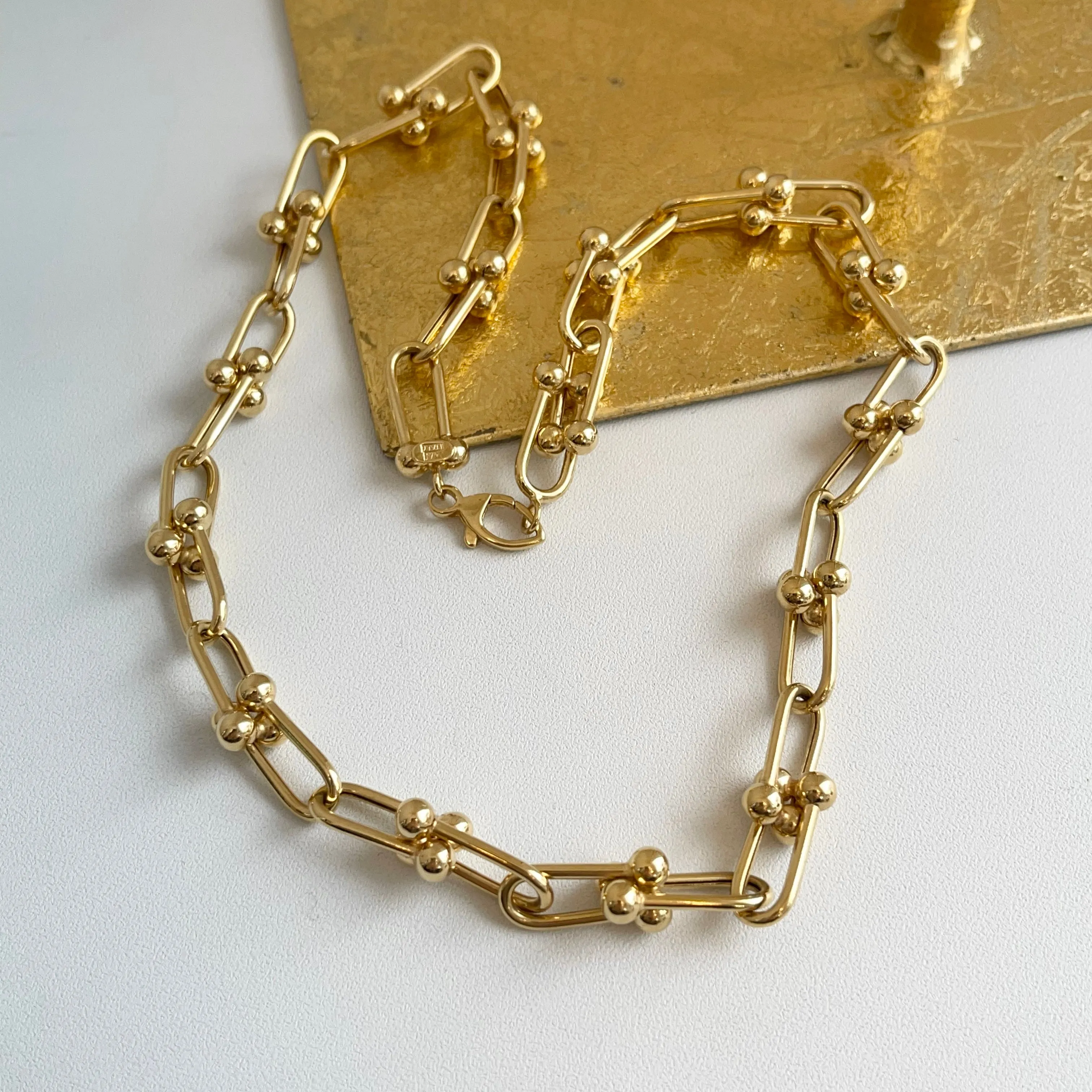 14KT Yellow Gold Ball Knot Hardware Rectangle Chain Necklace 20"