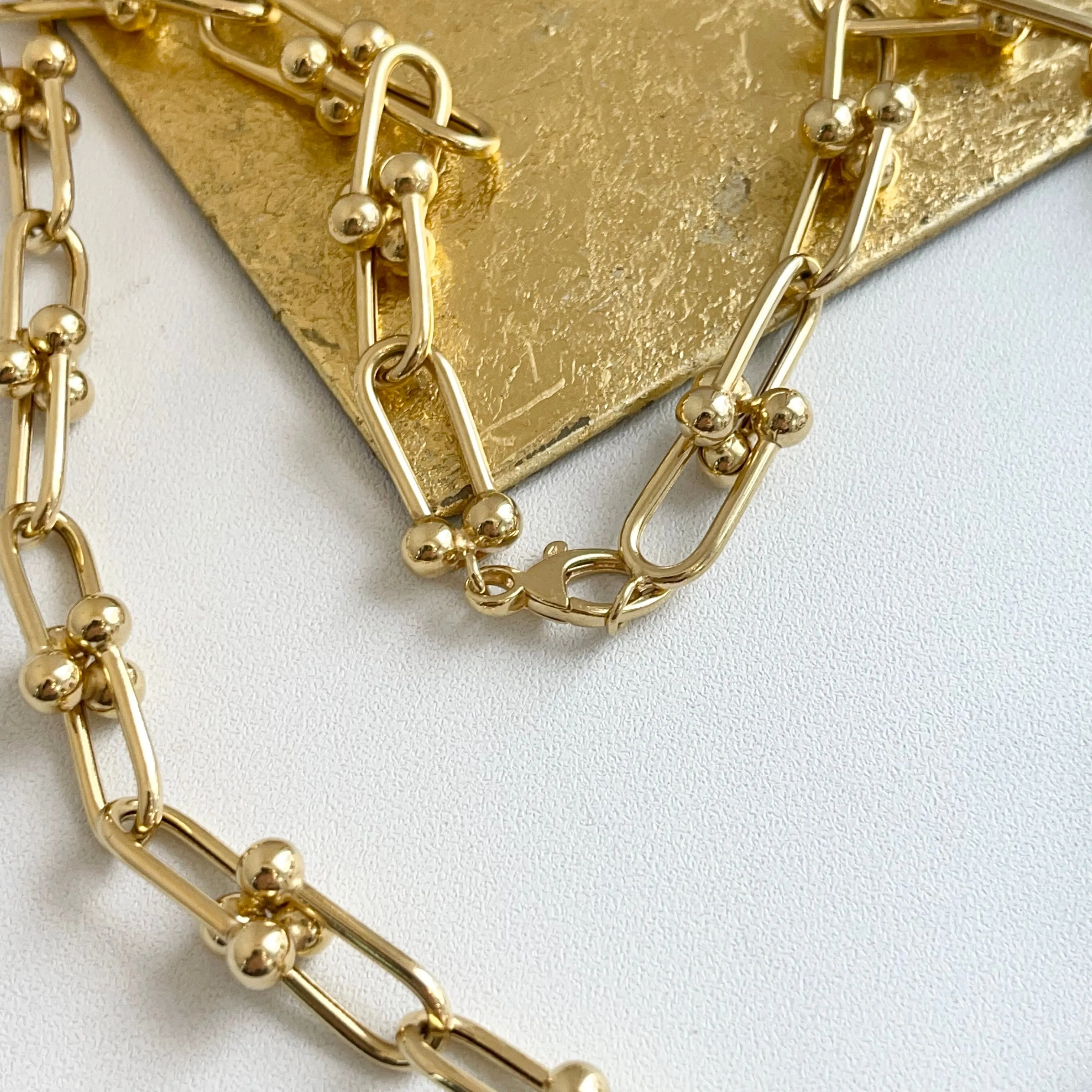 14KT Yellow Gold Ball Knot Hardware Rectangle Chain Necklace 20"