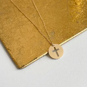 14KT Yellow Gold Cross Cut-Out Disc Pendant Necklace