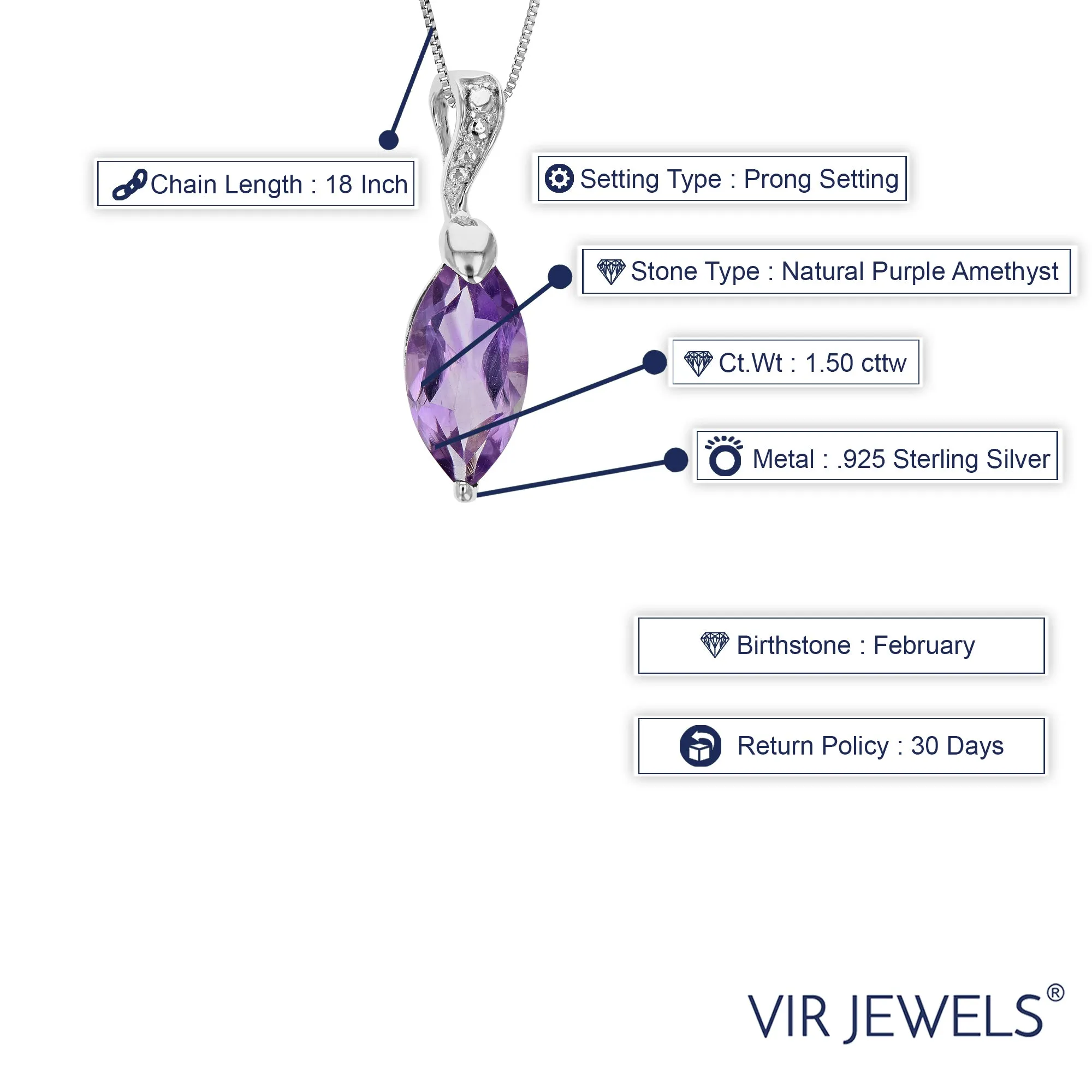 1.50 cttw Pendant Necklace, Purple Amethyst Marquise Pendant Necklace for Women in .925 Sterling Silver with Rhodium, 18 Inch Chain, Prong Setting