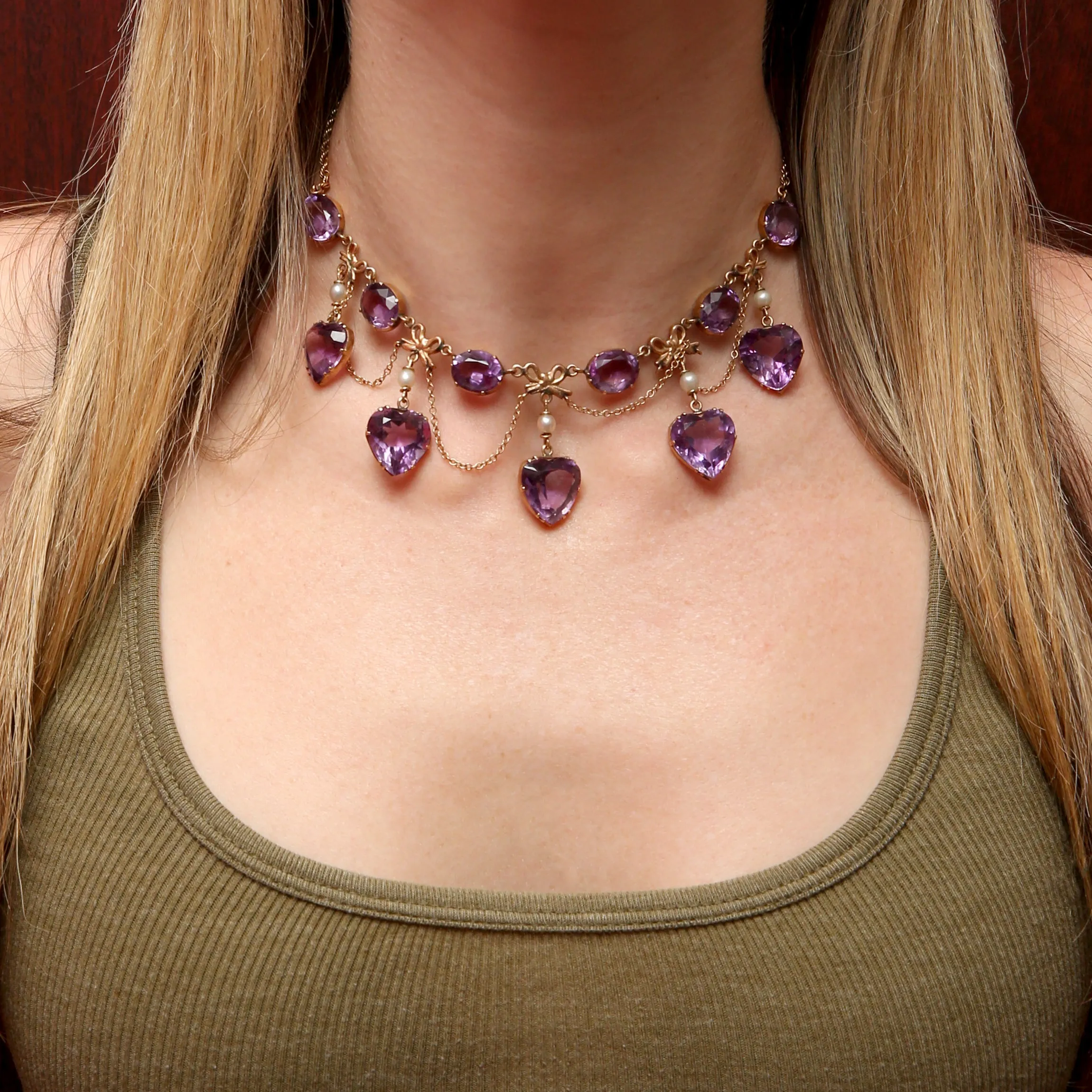 15k Victorian Amethyst Heart Festoon Necklace