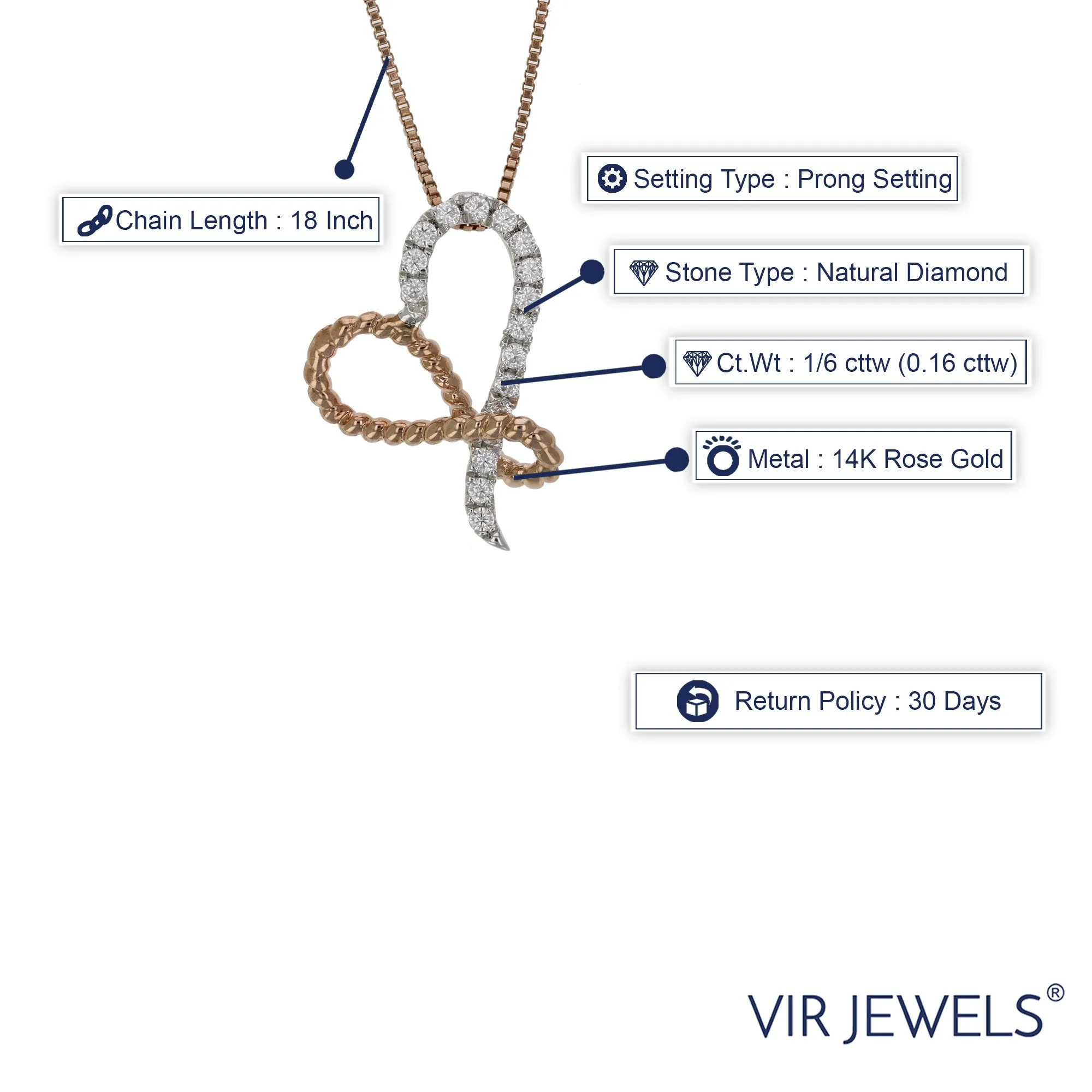 1/6 cttw Diamond Pendant, Diamond Heart Pendant Necklace for Women in 14K White and Rose Gold with 18 Inch Chain, Prong Setting