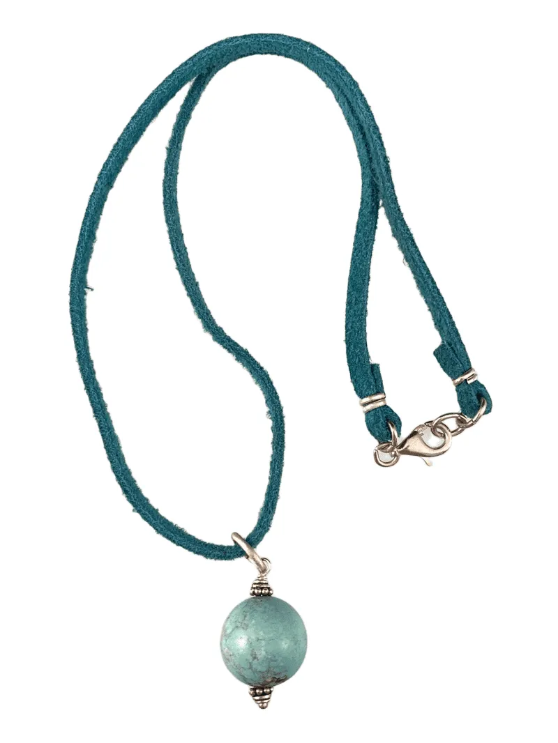 16" Turquoise Round Bead on Green Suede Necklace