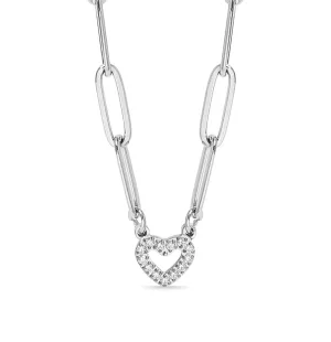 18K Gold PVD Stainless Steel Stone "Heart" Paperclip Chain Necklace - In Silver