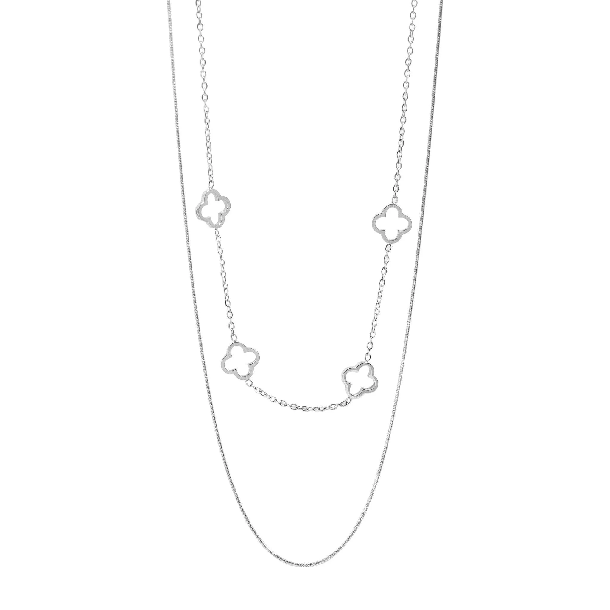 18K Gold Silver PVD Stainless Steel Layered Clover Charm Necklace