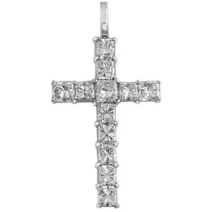 18K White Solid Gold Cross Pendant with Princess Cut Diamonds 4.75 Ctw