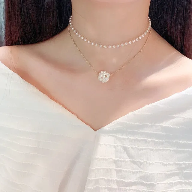 2021 Kpop Double layer Chain Gold fashion Choker cute romantic women pearl pendant necklace girl jewelry Collar Free shipping