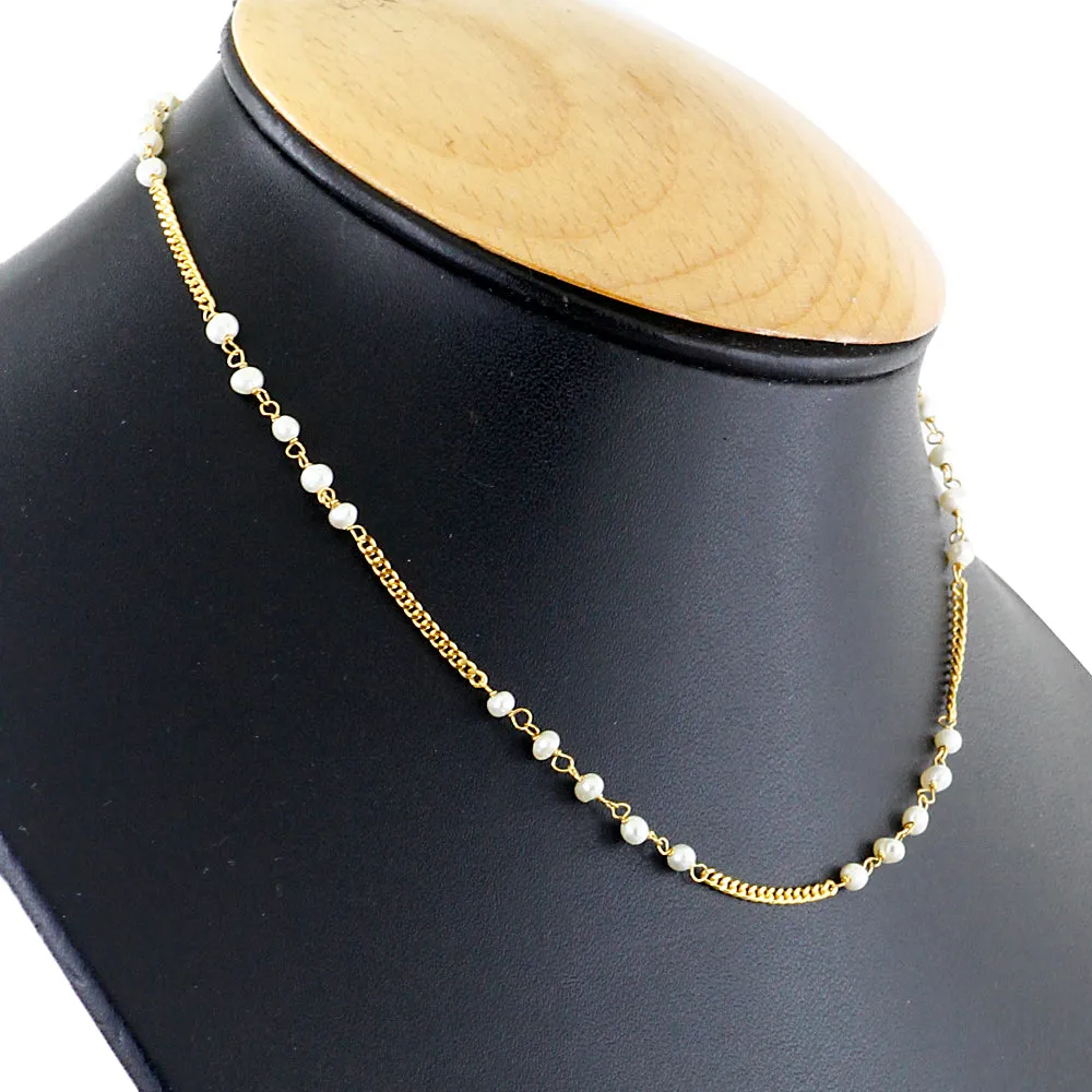 3 mm Fresh Water Pearl Gemstone Beads Chain Necklace In 18 Kt Yellow Gold Finish