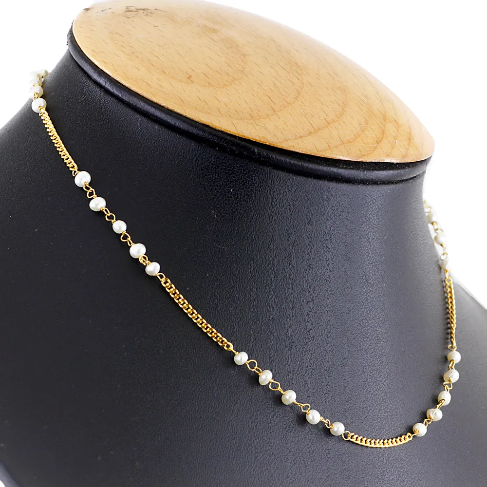 3 mm Fresh Water Pearl Gemstone Beads Chain Necklace In 18 Kt Yellow Gold Finish