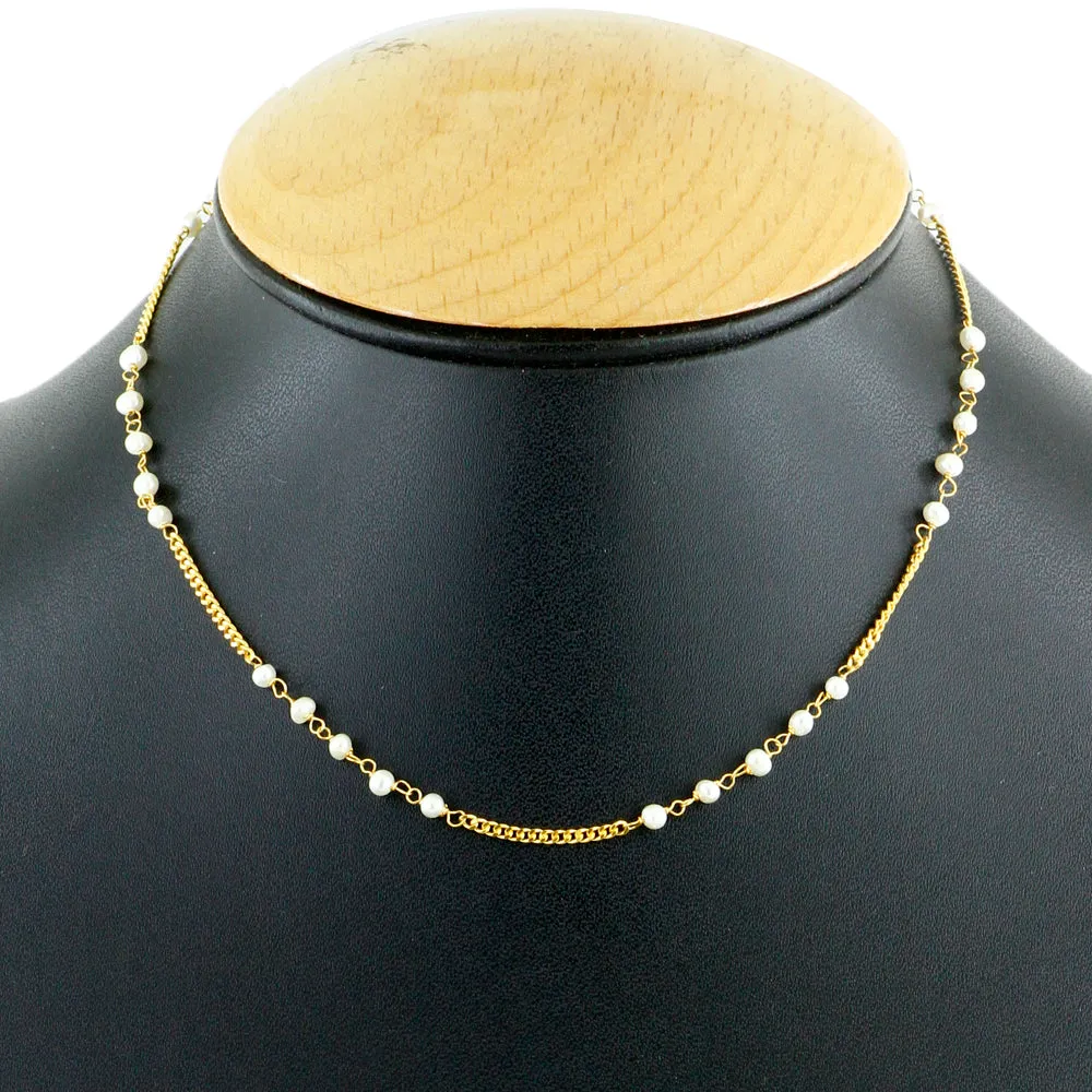 3 mm Fresh Water Pearl Gemstone Beads Chain Necklace In 18 Kt Yellow Gold Finish