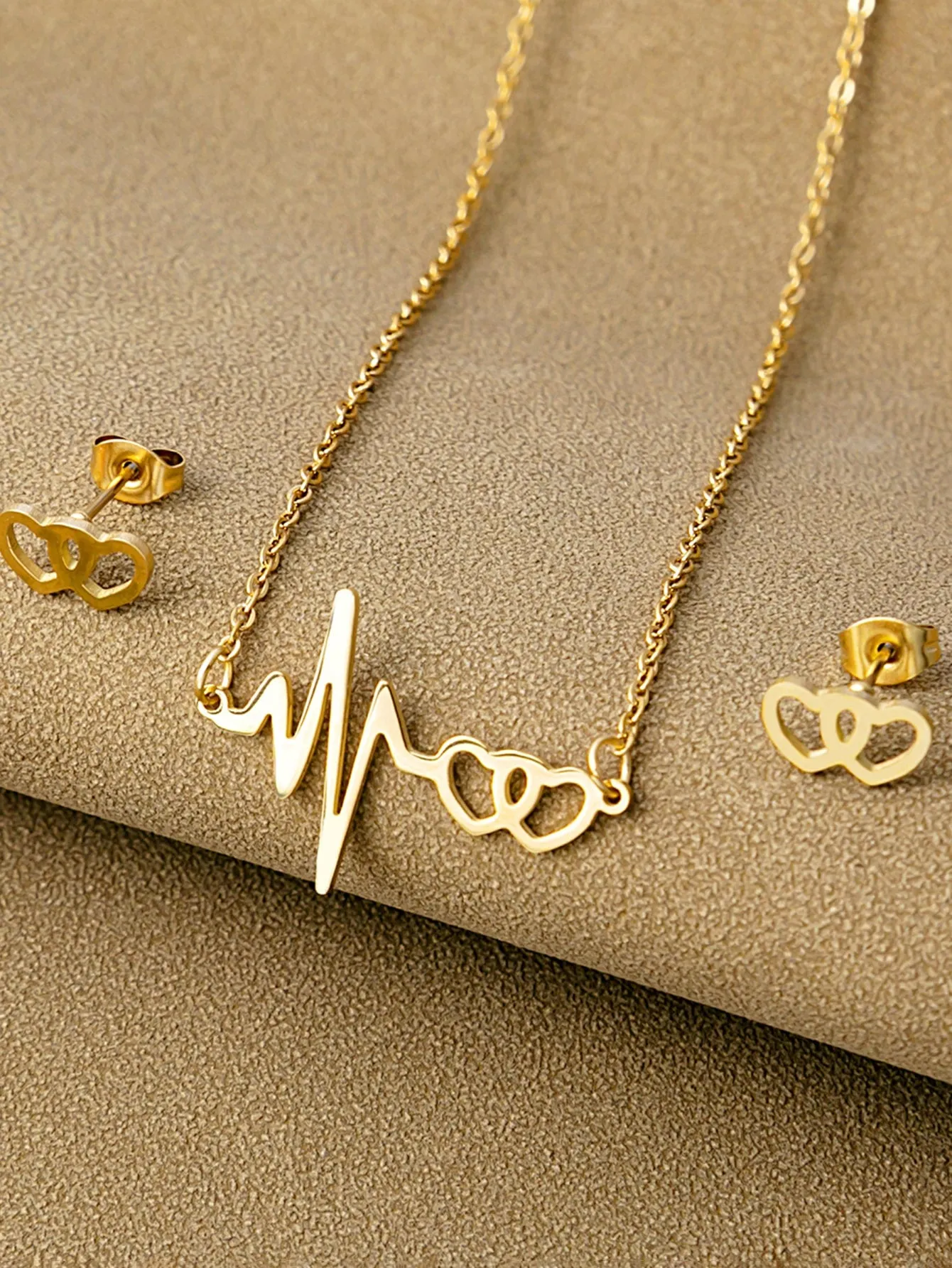 3pcs Heartbeat Decor Jewelry Set - Gold
