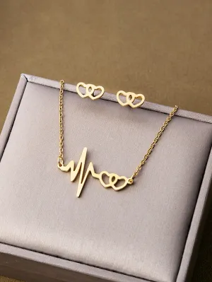 3pcs Heartbeat Decor Jewelry Set - Gold
