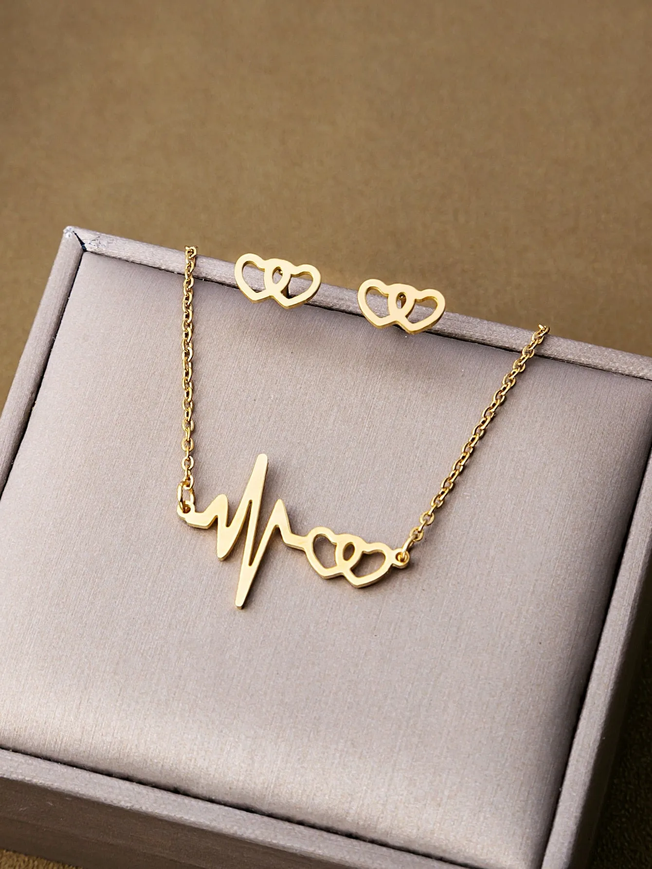3pcs Heartbeat Decor Jewelry Set - Gold
