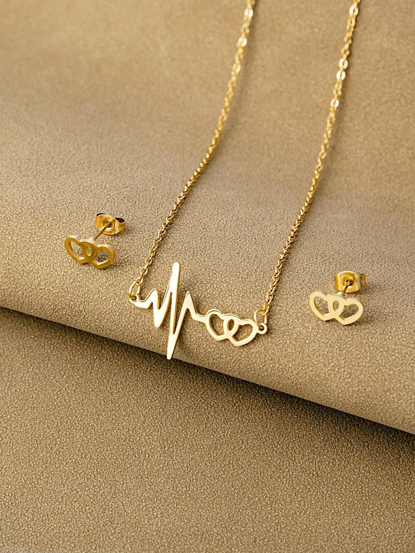 3pcs Heartbeat Decor Jewelry Set - Gold