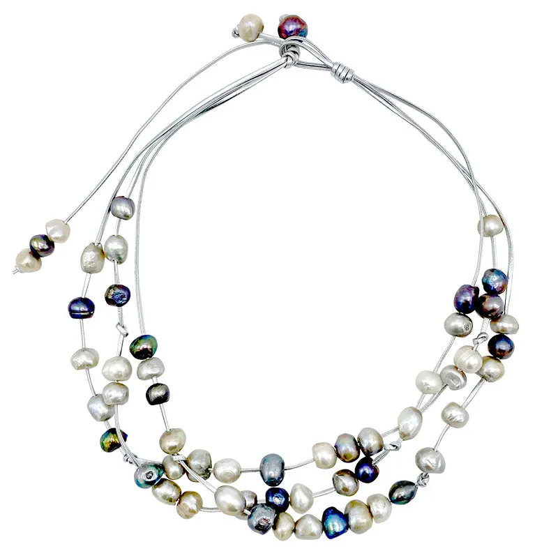 401-09-S | SHORT SILVER CORD 3-STRAND W/ MULTI PEARLS