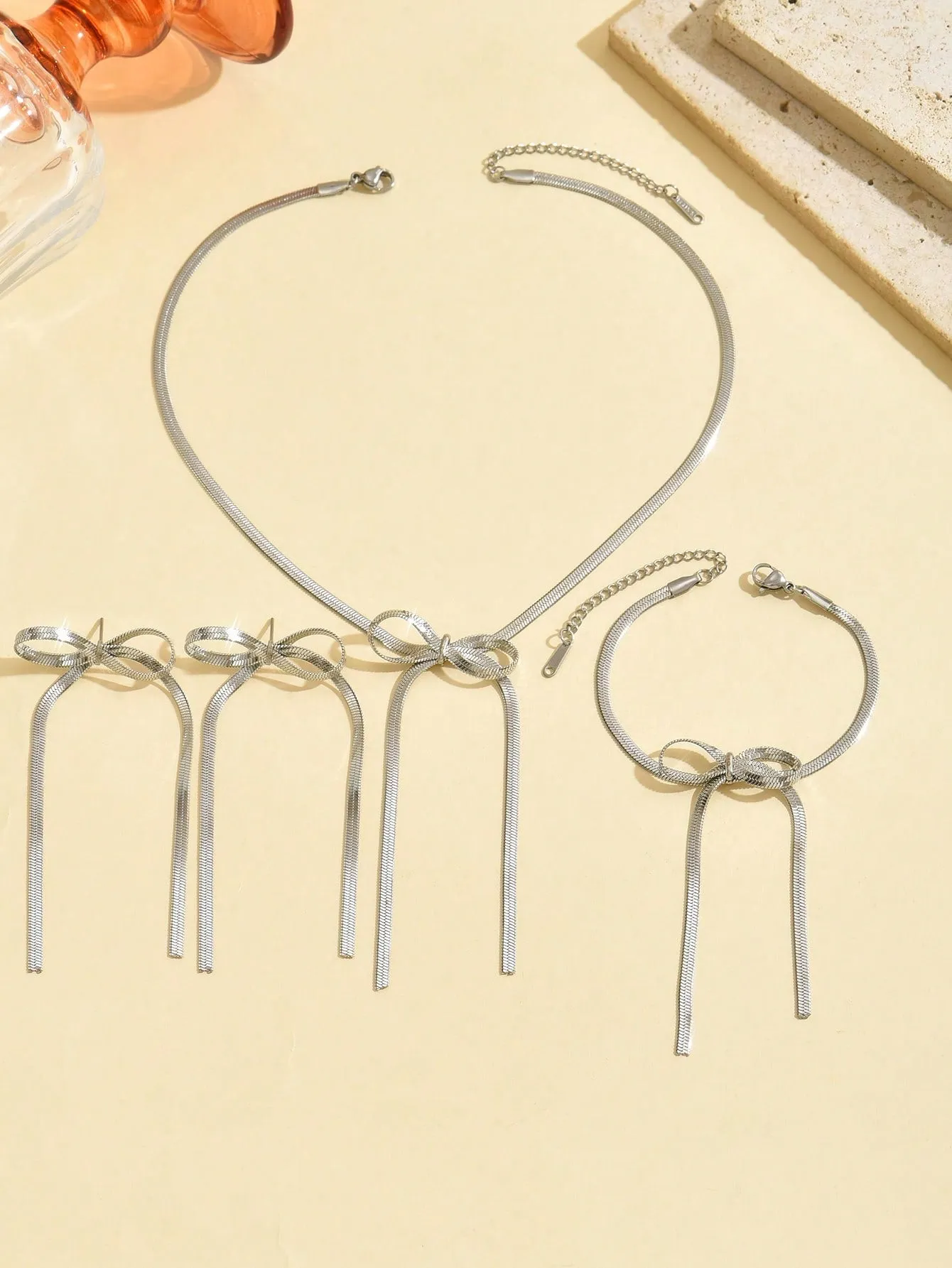 4pcs Titanium Steel Jewelry Set - Butterfly Decor Necklace, Bracelet & Earrings, Gift Idea