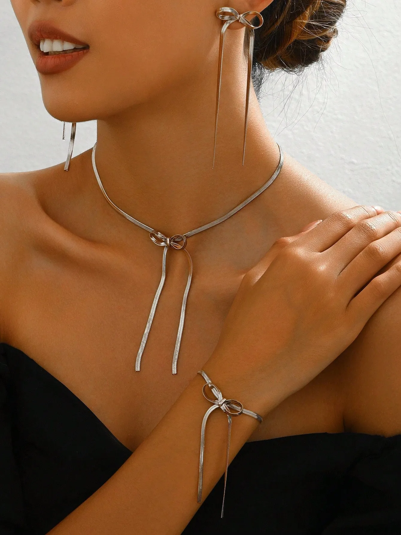 4pcs Titanium Steel Jewelry Set - Butterfly Decor Necklace, Bracelet & Earrings, Gift Idea