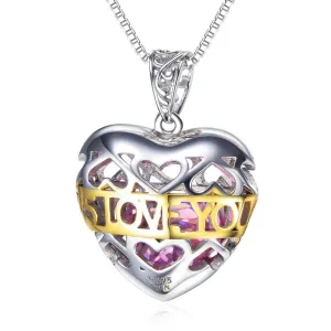 925 Sterling Silver Pink Stone Hollow Love Heart Necklace