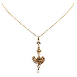 Antique Art Nouveau Gold Floral Necklace with Diamond, Seed Pearl, and Dogtooth Pearl