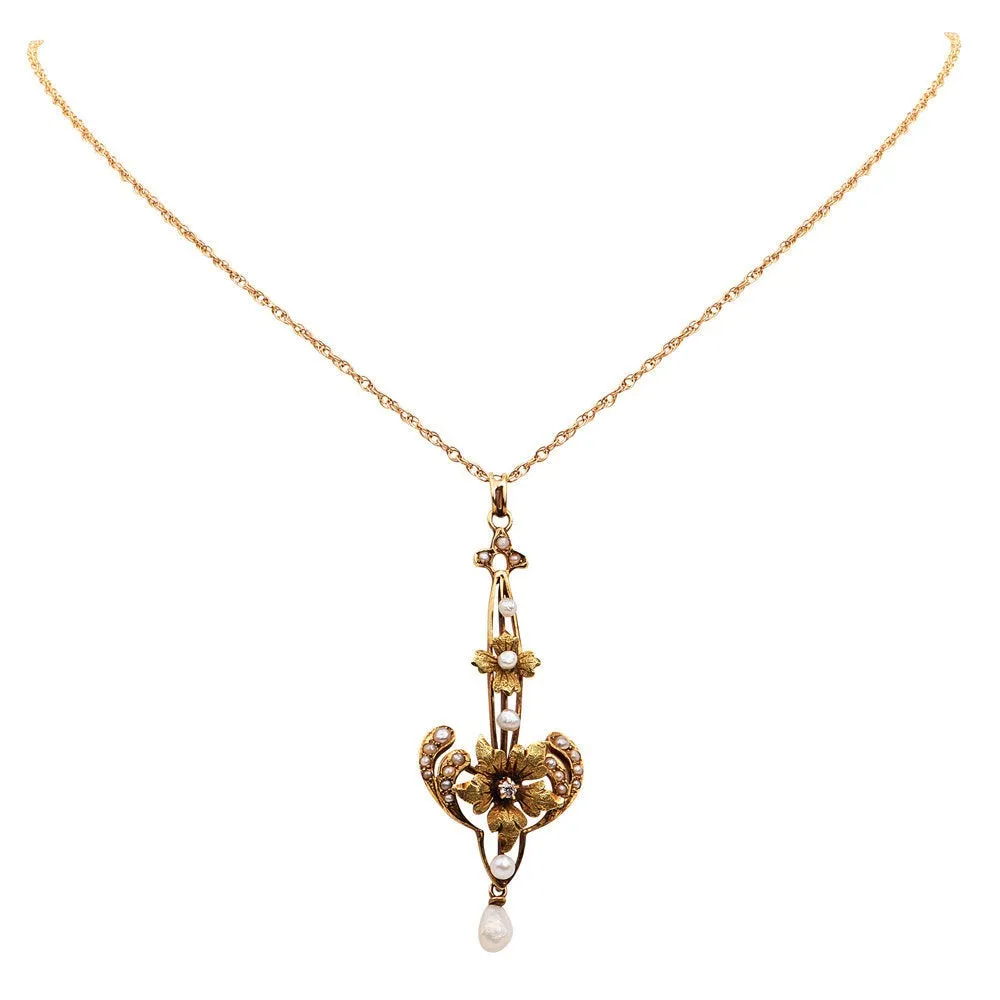 Antique Art Nouveau Gold Floral Necklace with Diamond, Seed Pearl, and Dogtooth Pearl