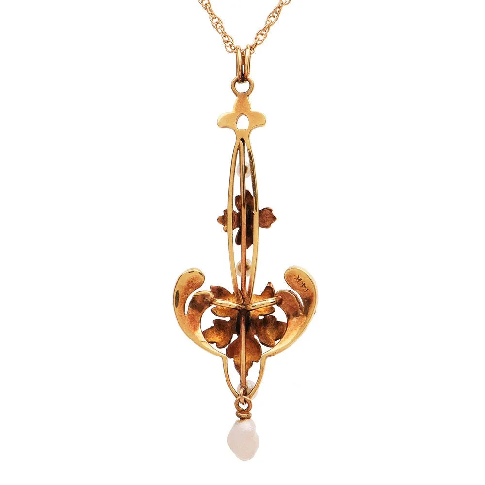 Antique Art Nouveau Gold Floral Necklace with Diamond, Seed Pearl, and Dogtooth Pearl