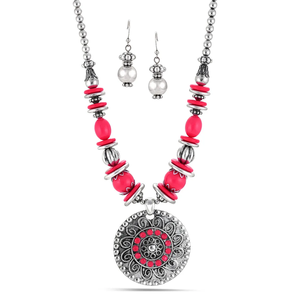 ANTIQUE SILVER EARRINGS AND PINK  NECKLACES #SCE27322_S-P (TG19/TF19)