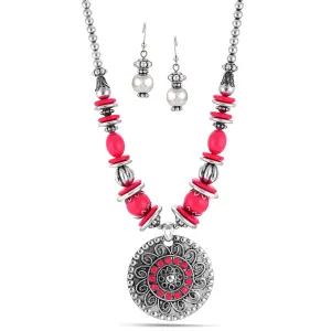ANTIQUE SILVER EARRINGS AND PINK  NECKLACES #SCE27322_S-P (TG19/TF19)