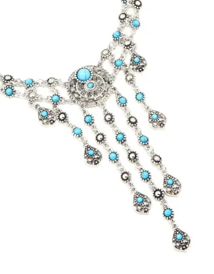 Antique Silver Turquoise Molten Layered Drop Necklace