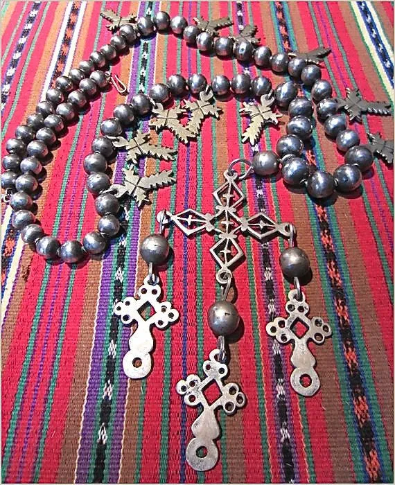 Antique Yalalteca Silver Cross and Coin Necklace