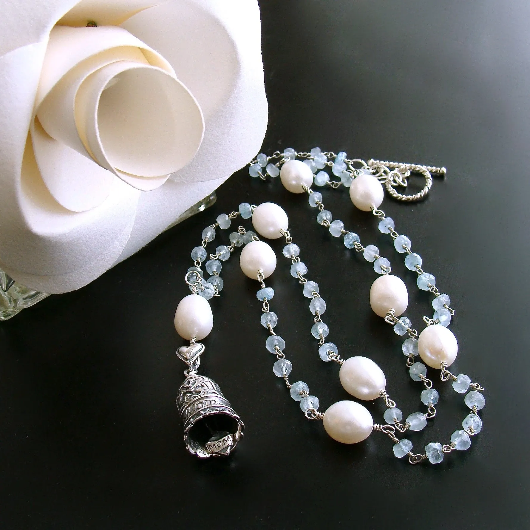 Aquamarine Pearl Sterling Silver “MOM” Heart Bell Pendant Necklace  - “Mom” Bell Necklace