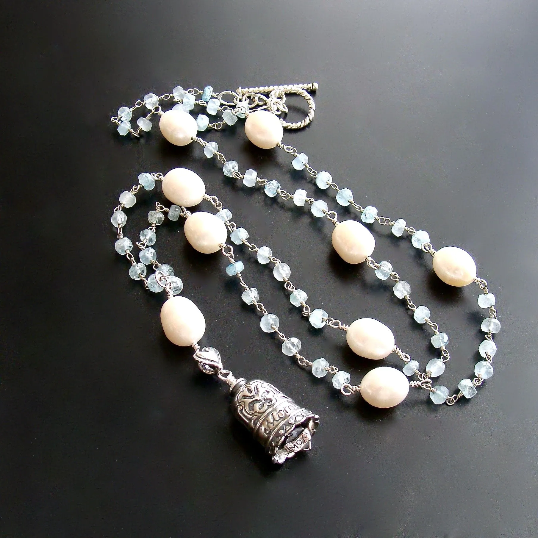 Aquamarine Pearl Sterling Silver “MOM” Heart Bell Pendant Necklace  - “Mom” Bell Necklace