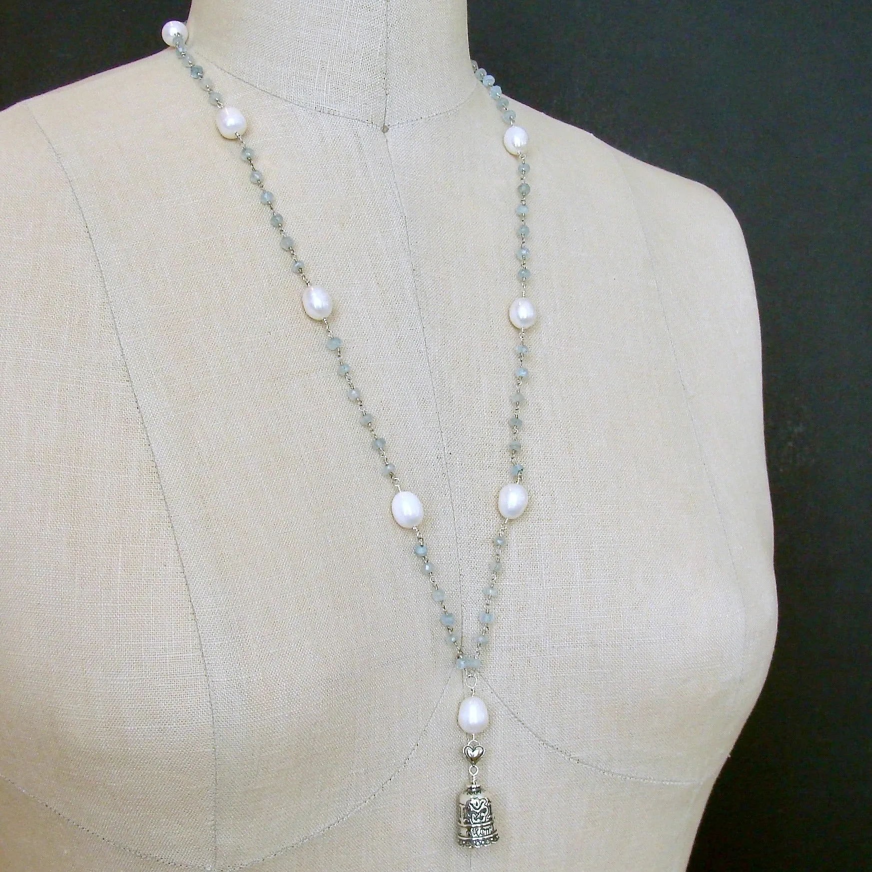 Aquamarine Pearl Sterling Silver “MOM” Heart Bell Pendant Necklace  - “Mom” Bell Necklace