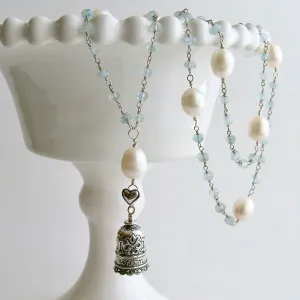 Aquamarine Pearl Sterling Silver “MOM” Heart Bell Pendant Necklace  - “Mom” Bell Necklace