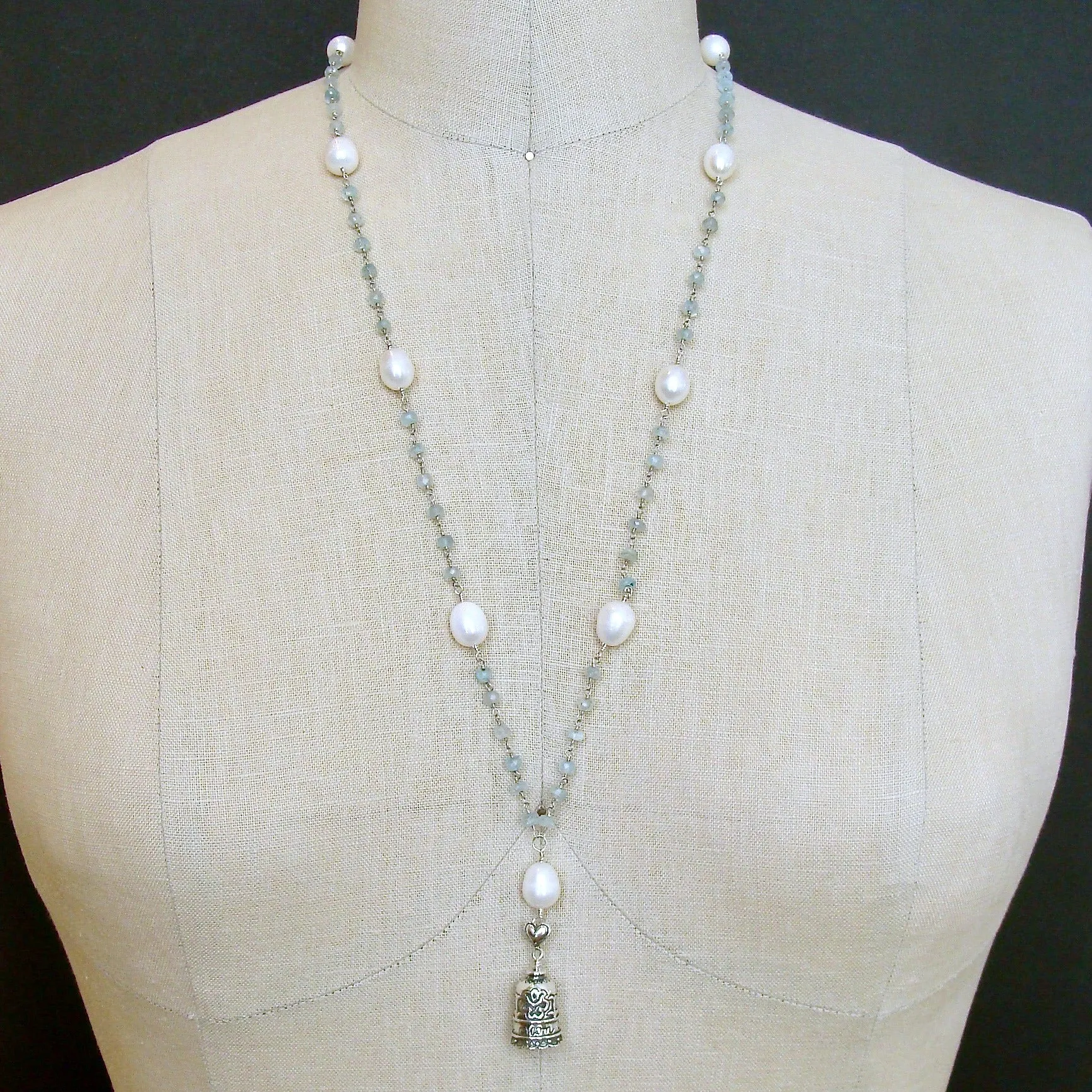 Aquamarine Pearl Sterling Silver “MOM” Heart Bell Pendant Necklace  - “Mom” Bell Necklace