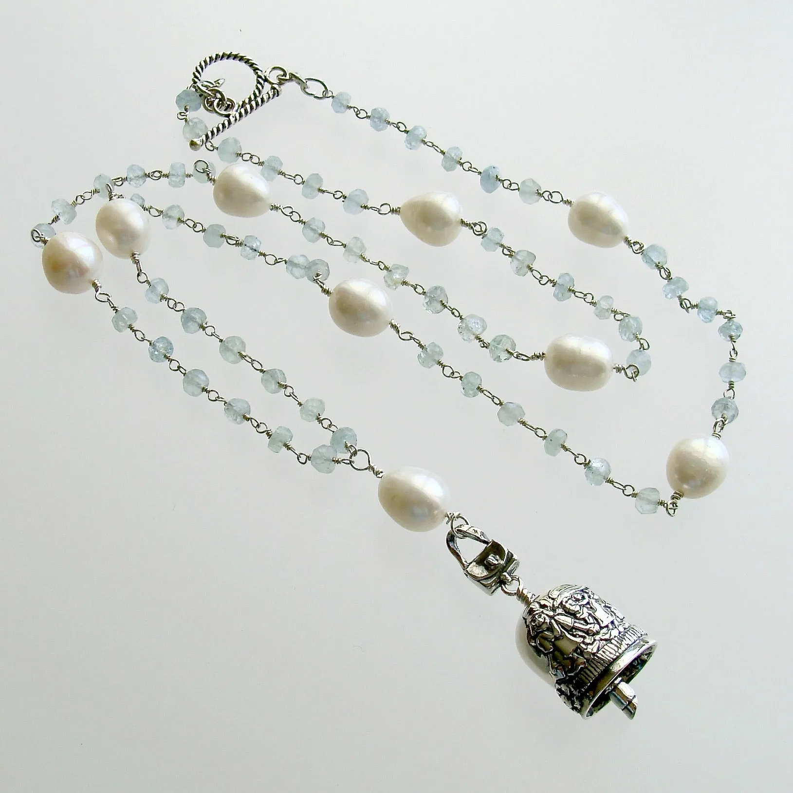 Aquamarine Pearl Sterling Silver “Sisters” Bell Pendant Necklace  - “Sisters” Bell Necklace