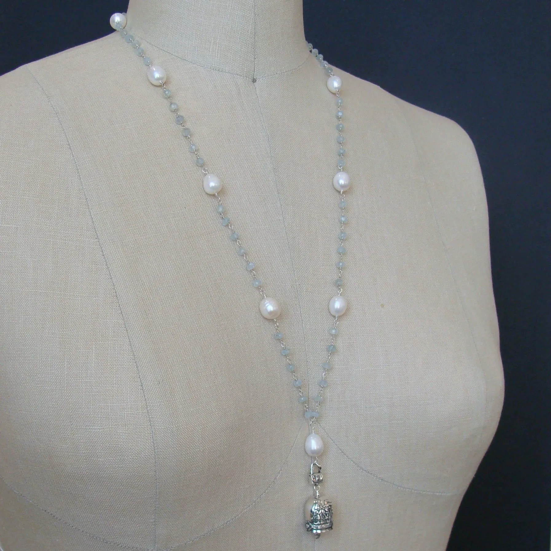 Aquamarine Pearl Sterling Silver “Sisters” Bell Pendant Necklace  - “Sisters” Bell Necklace