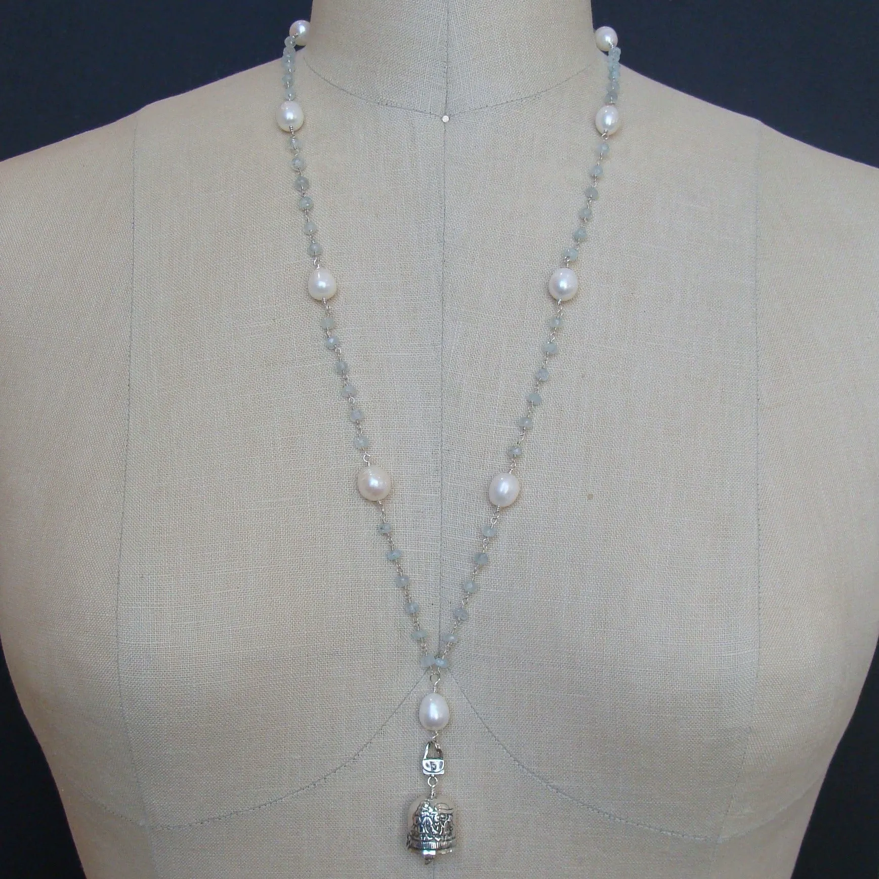 Aquamarine Pearl Sterling Silver “Sisters” Bell Pendant Necklace  - “Sisters” Bell Necklace